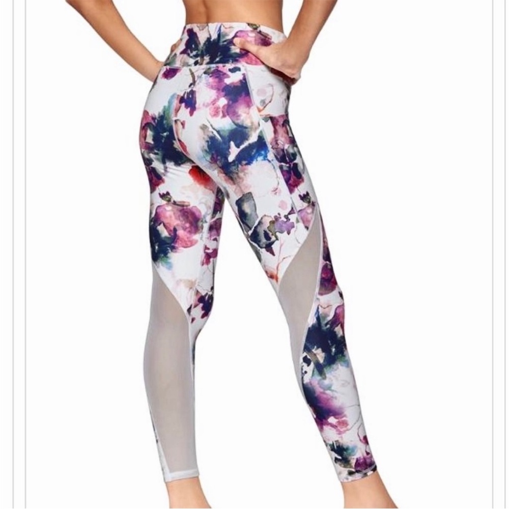 EUC Athleta Womens Watercolor Floral Mudra Mesh Detail 7/8 Leggings Size medium